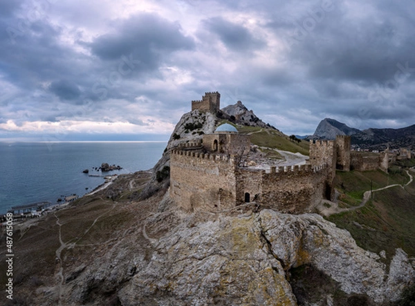 Fototapeta Genoese fortress in Sudak on a gloomy winter evening