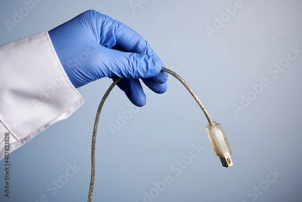 Obraz Doctor hand holds USB cord - labs photo with blue background. Scientist palm offers USB cable connector. Student hand in blue nitrile glove. Network hardware for data transfer between computers.
