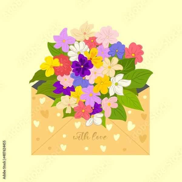 Obraz Bouquet of spring flowers inside the envelope and phrase with love. Love letter. Hand drawn trendy vector greeting card