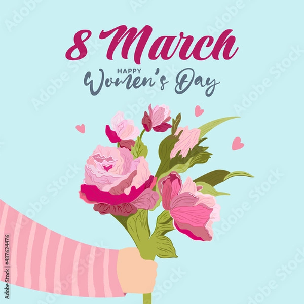 Obraz International Women's Day. 8 march. Vector template for card, poster, flyer or greeting card. Hand drawn arm holding a bunch of flowers