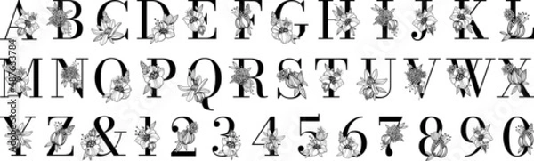 Fototapeta Black floral alphabet, botanical monogram vector letters with black line art flowers and leaves