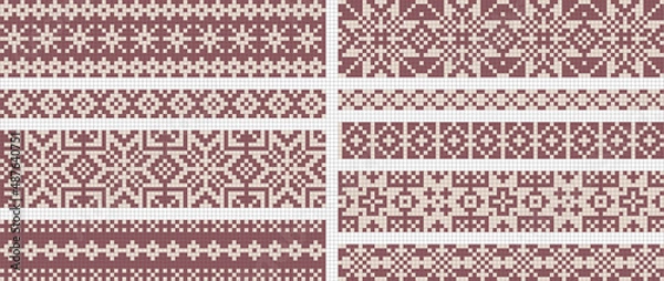 Fototapeta Nordic Fair Isle knitting seamless pattern set, traditional scandinavian knitted borders, vector geometric ornamental background