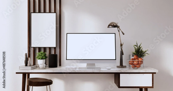 Fototapeta Mock up office table desk. blank computer screen in office modern room. 3d rendering