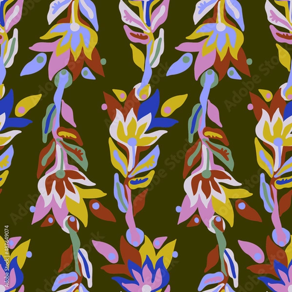 Fototapeta Vector seamless colorful pattern design of botanical abstract flowers in bright colors on brown. Perfect for textiles, wrapping paper, wallpaper