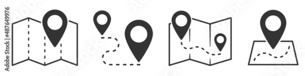 Fototapeta Map and location symbols set. Mapping icon collection. Geolocation map path distance. GPS cartography position. Pinpoint, map search, route, navigator - stock vector.