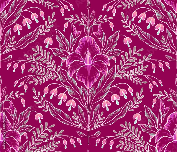 Fototapeta Abstract asian red flower pattern. Gladiolus and bluebells with leaves. Isolated seamless pattern with outline. Vector illustration for fabric, wrapping paper, wallpaper.