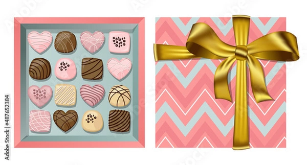 Fototapeta Vector festive top view pink blue gift open square box with golden ribbon and bow and colorful chocolate candies isolated on white.