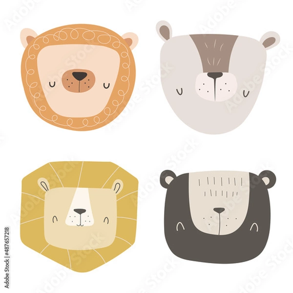 Fototapeta Cute wild animal faces. Hand drawn characters of lions and bears in simple naive Scandinavian style. Sweet funny animals. Vector illustration isolated on white background.
