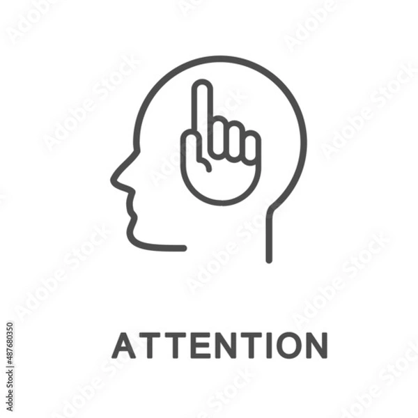 Fototapeta Icon - attention. The hand gesture in the head shows that the person is focused on the object. The thin contour lines.