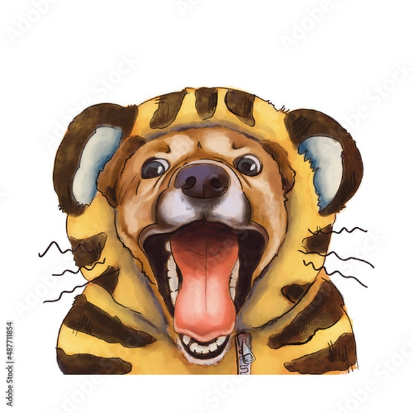 Fototapeta Cheerful dog laughs in a tiger costume. The portrait is isolated on a white background. Portrait