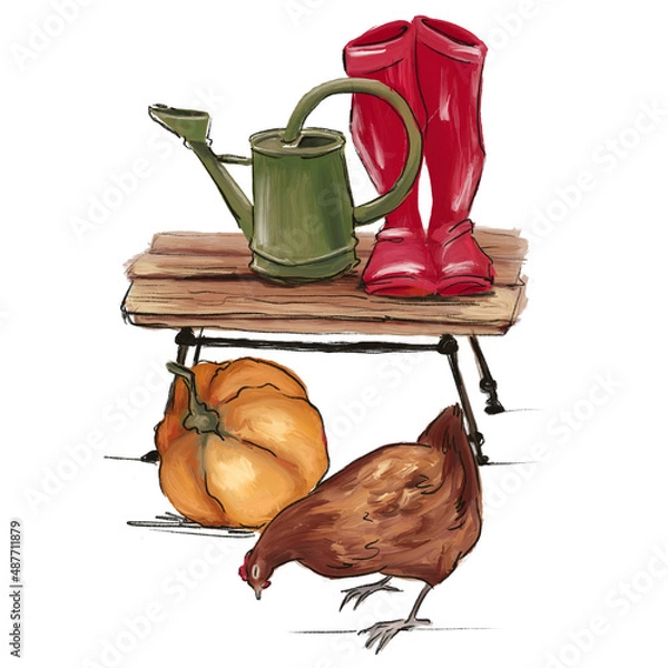 Obraz Village composition. Farm house. Chicken in vegetable garden isolated on white background