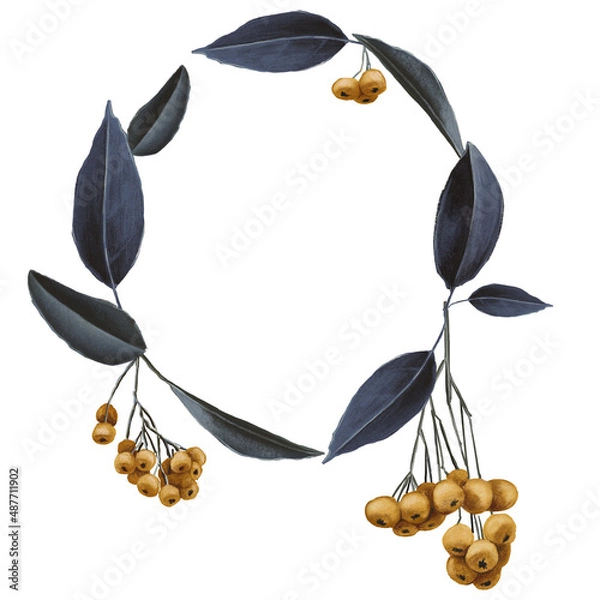 Obraz Festive wreath of yellow rowanberry and blue leaves isolated on white background