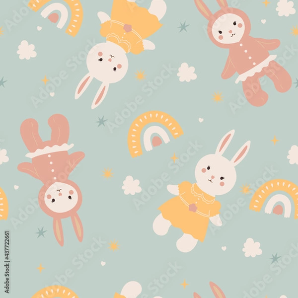 Fototapeta Seamless pattern with cute rabbits. Vector graphics.