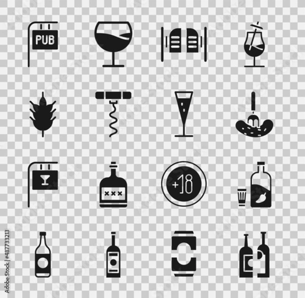 Fototapeta Set Bottles of wine, Vodka with pepper and glass, Pickled cucumber on fork, Saloon door, Wine corkscrew, Hop, Street signboard Pub and Glass champagne icon. Vector
