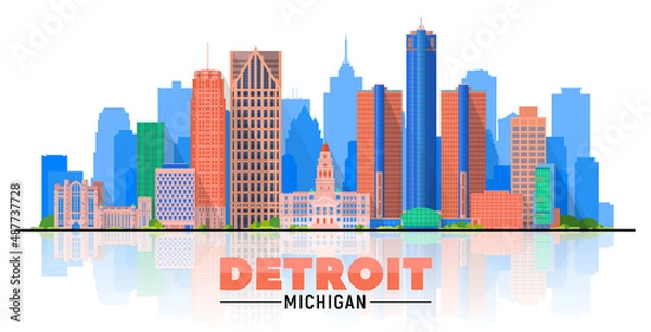 Fototapeta Detroit, Michigan (USA) city skyline vector illustration on white background.Business travel and tourism concept with modern buildings. Image for presentation, banner, website.

