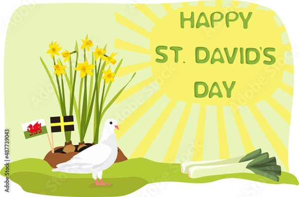 Fototapeta St davids day. Leek, daffodil and flag. Vector illustration.