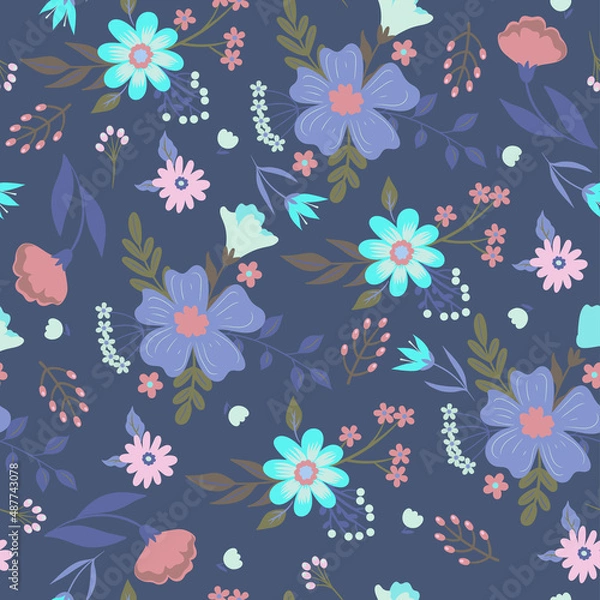 Fototapeta Seamless pattern with flowers, leaves and berries. Vector graphics.