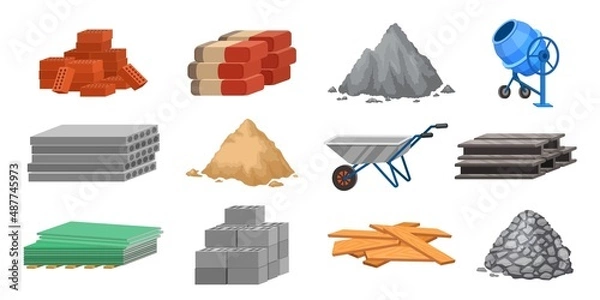 Obraz Construction material piles and equipment, cement, sand and bricks. Building blocks, wood planks, wheelbarrow and concrete mixer, vector set