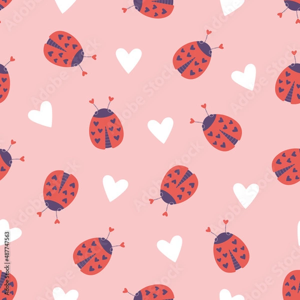 Obraz Ladybugs and hearts seamless background repeating pink pattern, wallpaper background, cute valentines ladybirds love background