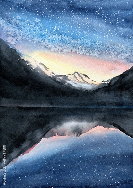 Obraz Watercolor illustration of a landscape with mountain lake under a night starry sky with snow-capped distant mountains