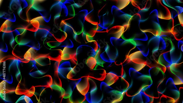 Fototapeta Abstract multicolored background of overlapping transparent amorphous figures with neon illumination on a black background. Vector illustration.