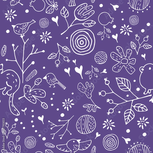 Fototapeta Floral seamless pattern of wild flowers, animals and birds, white. Vector print. urple color