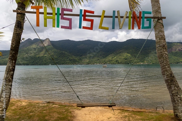 Obraz swing tied between two coconut trees facing the sea