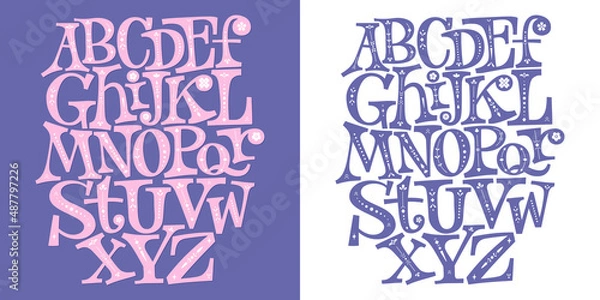Obraz A hand-drawn whimsical alphabet A-Z with floral minimalist decor. This alphabet mixed from uppercase and lowercase letters, there is in two options: flat on the white background and with shadow on the