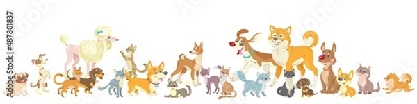 Fototapeta Group of funny dogs and cats. Different emotions, poses and breeds. Banner in cartoon style. Isolated on white background. Vector flat illustration.