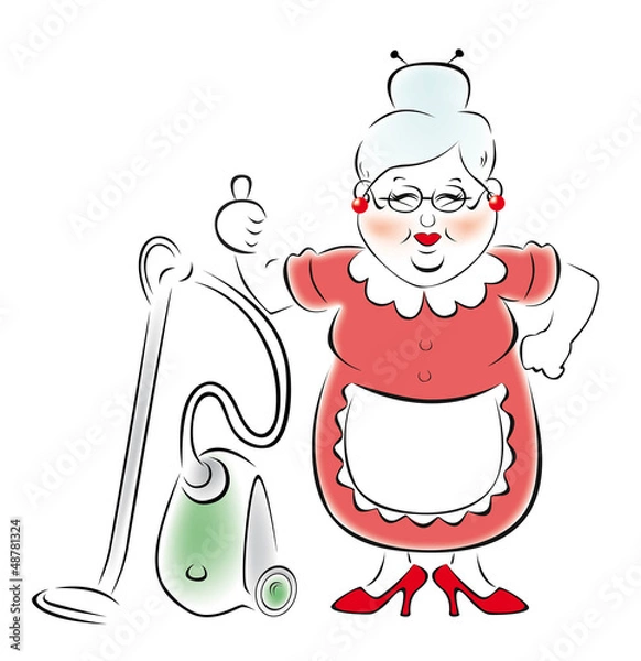 Fototapeta Иллюстрация улыбающейся бабушки с пылесосом.