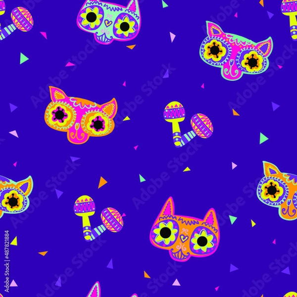 Fototapeta Abstract seamless Mexican scull cat faces. Colorful death day mask repeat print. Cartoon vector kittens character on dark blue background.
