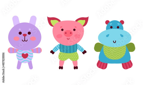 Fototapeta Fluffy Toy Sewn from Textile and Stuffed with Flexible Material for Kids Vector Set