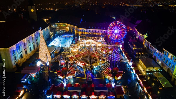 Fototapeta Aerial drone view of The Big Square decorated for Christmas in Sibiu, Romania