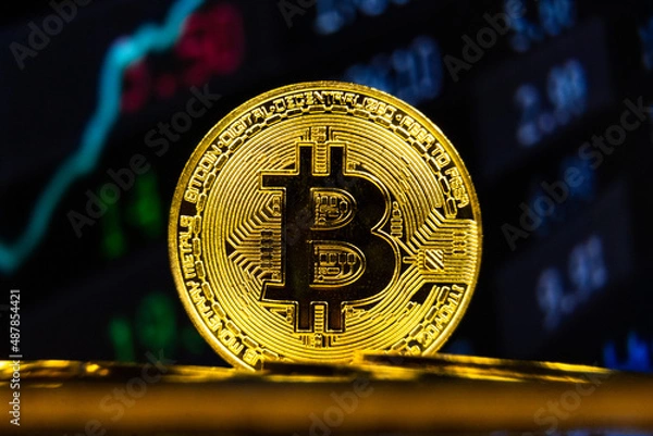 Fototapeta Bitcoin BTC with stock market statistics chart background. Crypto currency growth in world e-commerce system financial concept