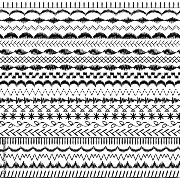Obraz black hand drawn embroidery stitch border patterns