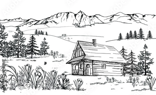 Fototapeta Spring in the mountains. Mountain landscape with spring flowers, crocuses, snowdrops, tuulipans and daisies. Zakopane, Giewont in Podhale. Vector landscape, hand drawing.