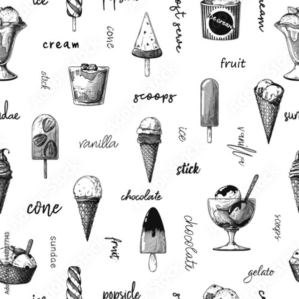 Fototapeta Seamless pattern with ice cream. Realistic ice cream. Vector illustration in sketch style