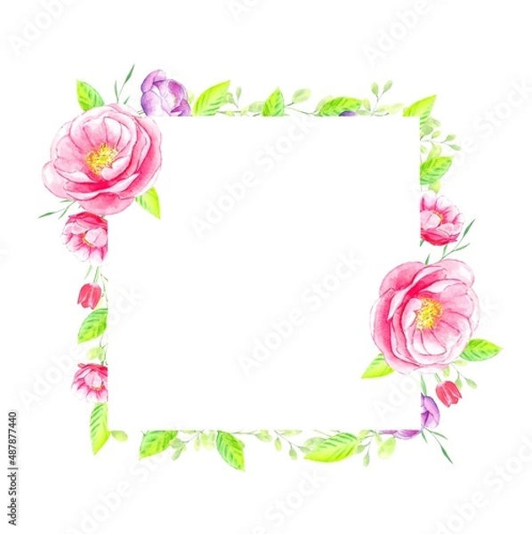 Fototapeta Watercolor square frame of flowers isolated on a white background.