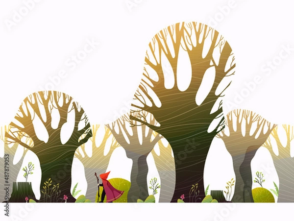 Fototapeta Vector illustration of spring forest. Trees, stones, mushrooms. Dwarf in a red coat.