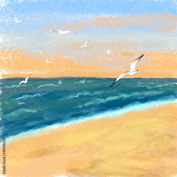 Fototapeta Seagulls flying in the evening sky over the wavy sea. Seascape and sandy shore. Digital illustration.
