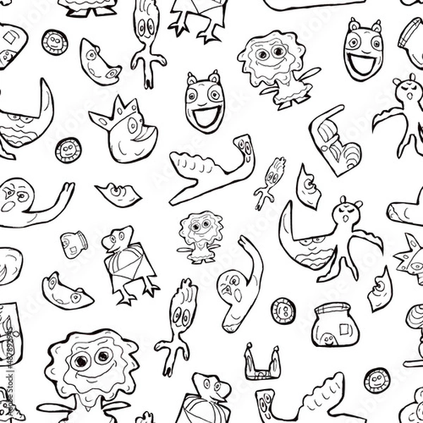 Fototapeta watercolor pattern of monochrome doodles, funny and fantasy animals on a white background for your design and fairy tales