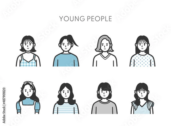 Fototapeta 若い女性の上半身アイコンのイラストセット