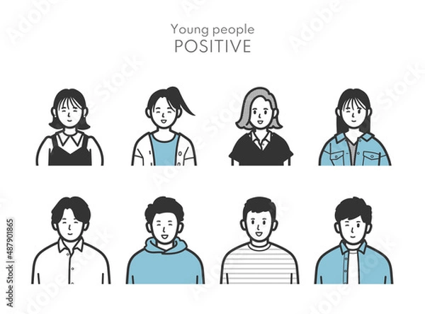 Fototapeta ポジティブな表情の若者の上半身アイコンのイラストセット