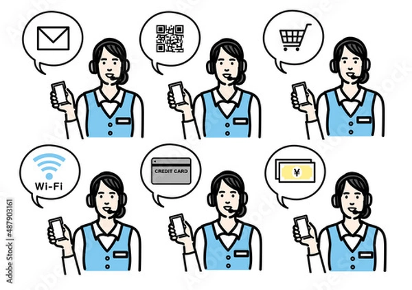 Fototapeta スマートフォンを持って説明をしているオペレーターの若い女性のセット
