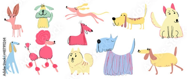 Obraz Set of cute dogs vector. Lovely dog and friendly puppy doodle pattern in different poses and breeds with flat color. Colorful funny pet and many characters hand drawn collection on white background.