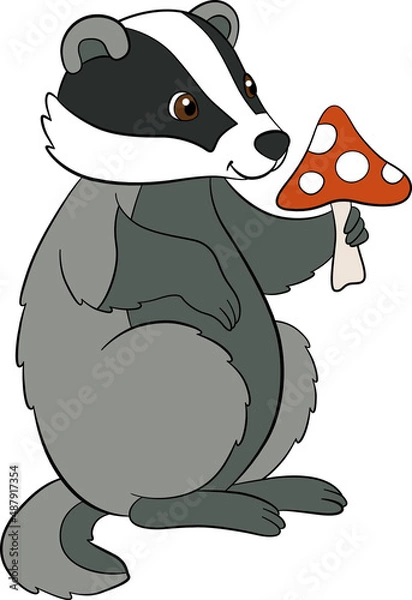Fototapeta Cartoon wild animals. Little cute badger stands with amanita in the hands and smiles.