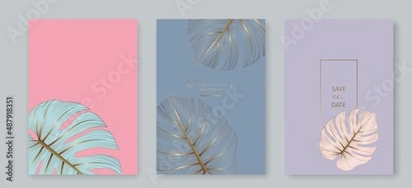 Fototapeta Set of Creative Minimalist Abstract Cards with Tropical Leaves. Botanical Abstract Contemporary Aesthetic Backgrounds with Monstera Leaves Line Art Style. Vector EPS 10