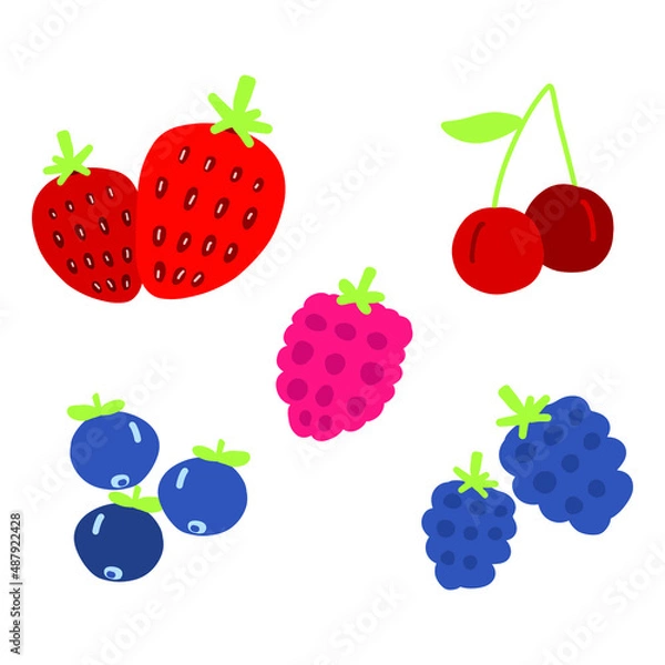 Fototapeta  Set of summer berries. Cartoon strawberries, blackberries, raspberries, blueberries, cherries. Hand drawn vector illustration. Kids nursery design element