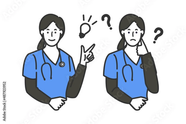 Obraz 手術技姿で聴診器をしたの女医さんのマルバツやオッケーなどの表情バリエーションの白背景に線画のシンプルなイラスト