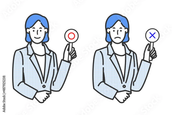 Fototapeta スーツ姿のビジネスウーマンのマルバツやオッケーなどの表情バリエーションの白背景に線画のシンプルなイラスト